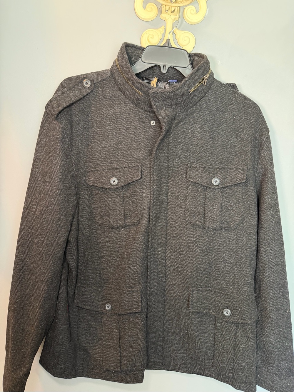 Men's Grey Wool-Blend Military Field Jacket